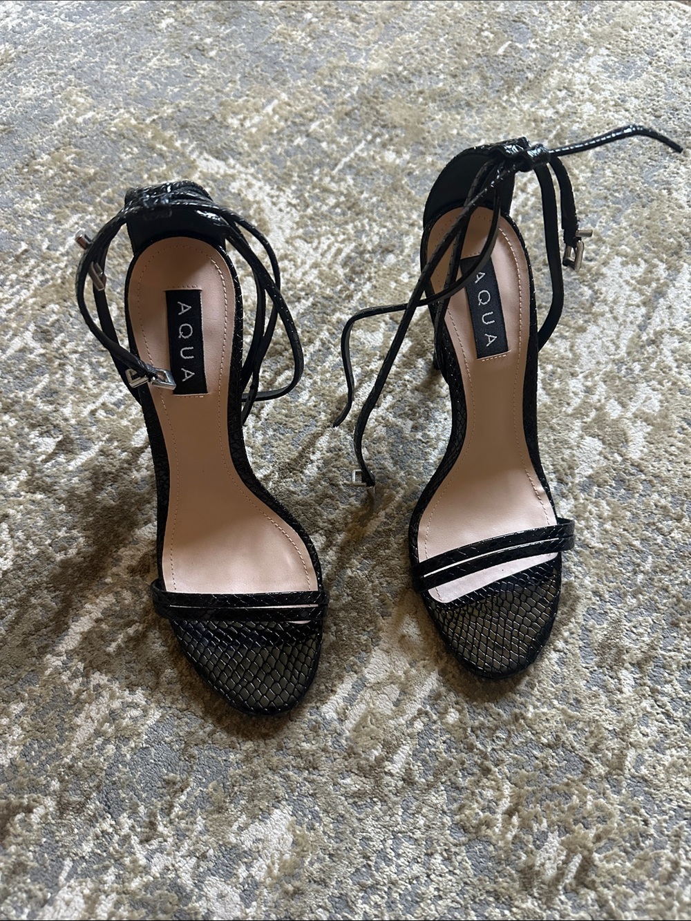 Aqua Black Snake-Embossed Lace-Up Stiletto Sandals